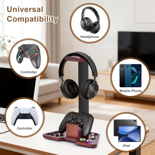 Headphone Holder Stand for Desk, Wood and Metal Headset Hanger Mount Hook Gaming Holder Desktop Earphone Artful Functional Craftsmanship Stand for All Headsets with Solid Wooden Base