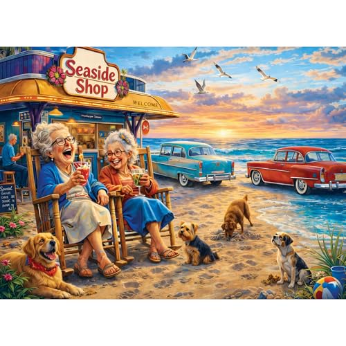 500 Piece Puzzle for Adults, Funny Seaside Shop Jigsaw Puzzles 500 Pieces | Happy Grandmas Puzzles 500 Pieces,Colorful Beach Sunset Jigsaw Puzzle for Adult Senior, Cute Puppy Animal Puzzle Toy Gift - color: Happy Grandmas