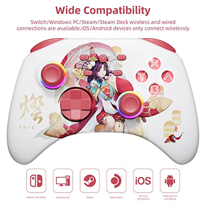 White Wireless Bluetooth Pro Controller for IOS/Android Phone, Switch/OLED/Lite, Steam Deck, PC, Multi Platform with RGB Light, Programmable Back Buttons, Headphone Jack, Anime Girl Touro - color: Red