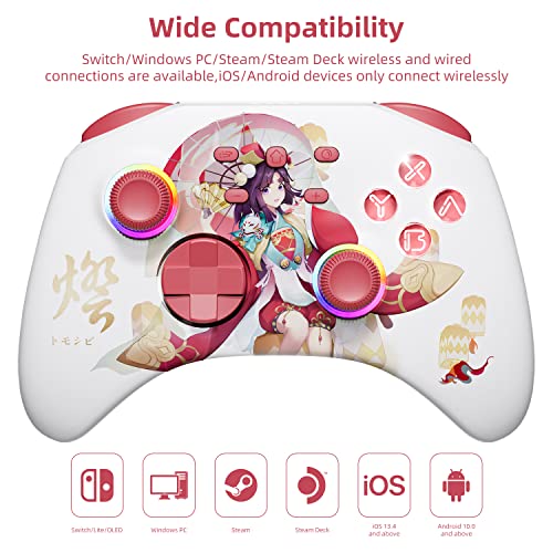 White Wireless Bluetooth Pro Controller for IOS/Android Phone, Switch/OLED/Lite, Steam Deck, PC, Multi Platform with RGB Light, Programmable Back Buttons, Headphone Jack, Anime Girl Touro - color: Red