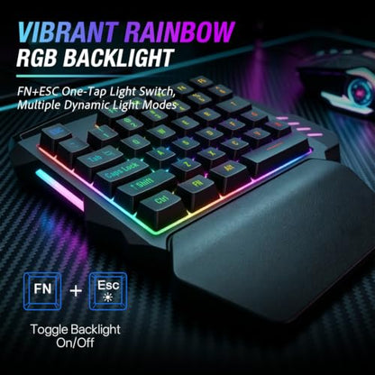 One Hand RGB Gaming Keyboard, Single Hand Keyboard with Wrist Rest, 35 Keys Portable Mini Half Gaming Keypad Mechanical Feeling Ergonomic Game Controller for PC Gamer