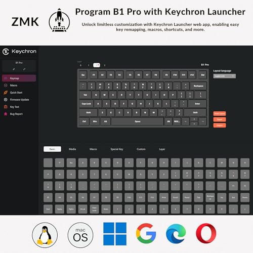 Keychron B1 Pro Ultra-Slim ZMK/Launcher Wireless Bluetooth 2.4 GHz/Wired Connection Keyboard for Mac Windows Linux - Retro Red - color: Retro Red