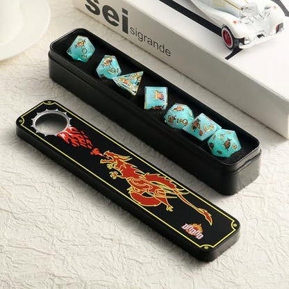 DNDND Owl Aqua Blue Translucent Resin Dice Set - 7-Piece Sharp Edge RPG Dice for D&D with Stickers, Handcrafted Premium Metal Case Gift - color: Owl