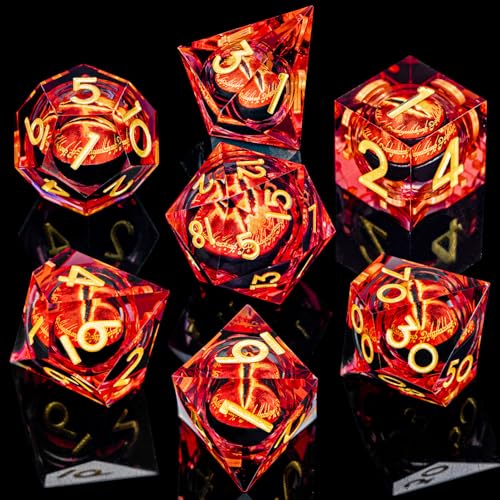ARUOHHA DND Resin Dice Gazes Eye Dice Liquid Core Flaming RPG Sharp Edged Dice Set with Gift Box, Polyhedral D and D Dice Set Compatible with Dungeons Dragons Role Playing Game D20 D12 D10 D8 D6 - color: Sl01-gold Red