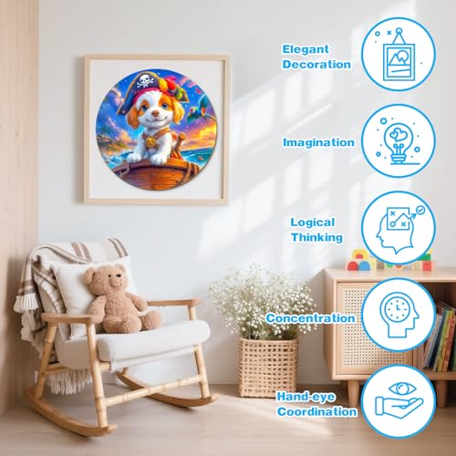 Animal Wooden Puzzles for Kids - Pirate Puppy (11.4 * 11.4 in) | 50 Piece Puzzles for Kids Ages 6-8, Kids Puzzles with Unique Animal Shapes, Round Gift for Girls and Boys - color: Pirate Puppy