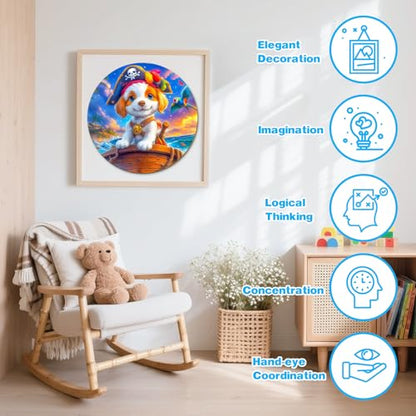 Animal Wooden Puzzles for Kids - Pirate Puppy (11.4 * 11.4 in) | 50 Piece Puzzles for Kids Ages 6-8, Kids Puzzles with Unique Animal Shapes, Round Gift for Girls and Boys - color: Pirate Puppy