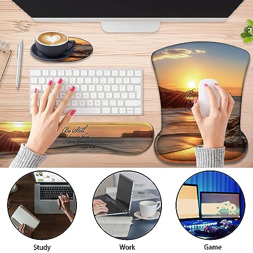Keyboard Wrist Support + Wrist Mousepad + Coaster Combination, Non-Slip PU Base, with Gel Memory Mousepad, Suitable for Gaming, Office Pain Relief Mousepad Set - Sunset Beach - color: Sunset Beach