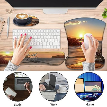 Keyboard Wrist Support + Wrist Mousepad + Coaster Combination, Non-Slip PU Base, with Gel Memory Mousepad, Suitable for Gaming, Office Pain Relief Mousepad Set - Sunset Beach - color: Sunset Beach