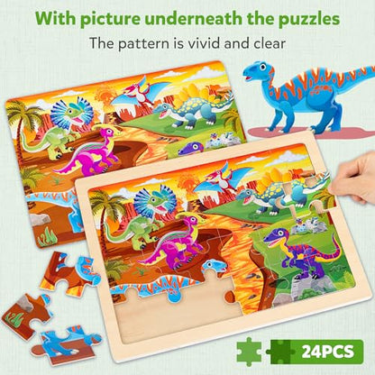 SYNARRY Large Dinosaur Wooden Puzzles for Kids Ages 4-6, 4-in-1 Gift Set | Dinosaur Puzzles for Toddlers & Kids Ages 3-5, Birthday Gifts for Boys & Girls, Educational Dinosaur Toys, Screen-Free Play - style: Dinosaur