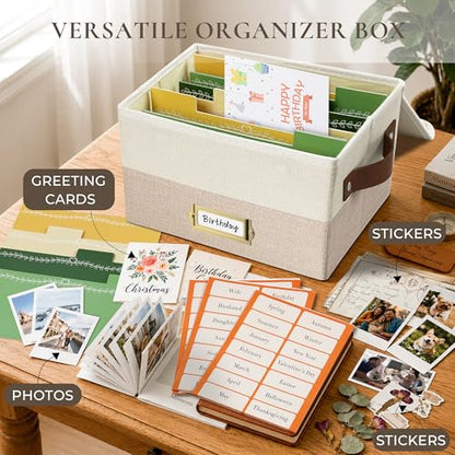 Vienrose Greeting Card Organizer Box, Foldable Storage Box with 20 Removable Dividers and 84 Self-Adhesive Labels, Card Box for Greeting Cards Photos Envelopes Stickers Postcards, Beige & Khaki - color: Beige & Khaki