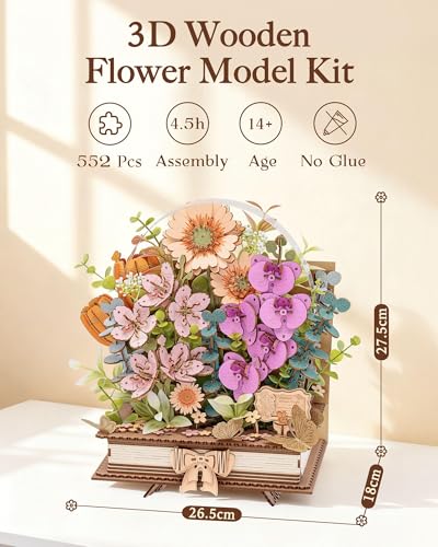 Rowood 3D Puzzle,Mothers Day DIY Wooden Flower Craft Kits for Adults,Botanical Collection Home Decor, Valentine's Day/Christmas/Birthday Gift-Wooden Blooming Book