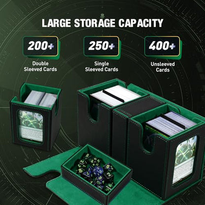 TiMOVO MTG Deck Box, Magnetic Trading Card Storage Case, Black+ Green | Holds 400+ Sleeveless Cards, 4 Dividers & Dice Tray, 2 Detachable Commander Card Deck Boxes, For Magic Game Cards - color: Black/Green