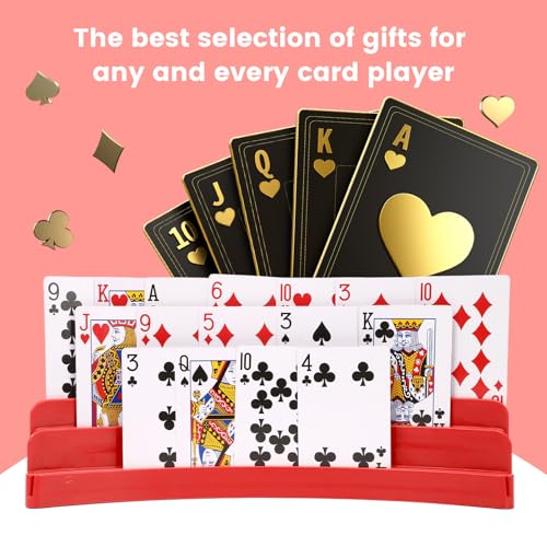 Three-Layer Design Playing Cards Holders，Playing Card Holder for Kids Adults Hands Free Card Holder for Family Card Game Nights Poker Parties - color: Red(4pack)