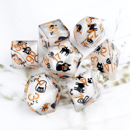 Haxtec Cat DND Dice Set White Sharp Edge Resin Dice Set with Dice Case, Handmade D and D Dice Polyhedral D&D Dice Set for TTRPGs Compatible with Dungeons and Dragons DND Gifts - color: White