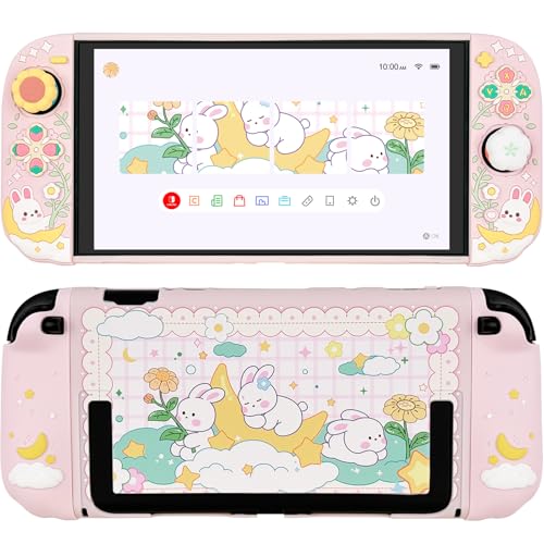 Protective Case for Nintendo Switch 2, Hard Back Shell + 2 Silicone Anti-Slip Controller Covers + 2 Joystick Caps, Rabbit and Flower Cover, Pink - color: Pink