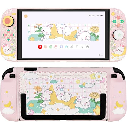 Protective Case for Nintendo Switch 2, Hard Back Shell + 2 Silicone Anti-Slip Controller Covers + 2 Joystick Caps, Rabbit and Flower Cover, Pink - color: Pink