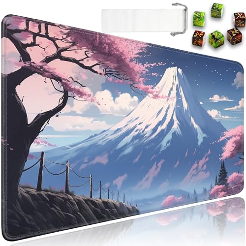 for MTG Playmat + Drawstring Travel Pouch + 6 Dice Counter, for Trading Card Game Playmats or Mouse Pad, Anti-Slip Rubber 24 x 14 in, Mt Fuji and Cherry Blossom for TCG Playmat (No with Zone) - color: JV-Playmat-5-1-A15