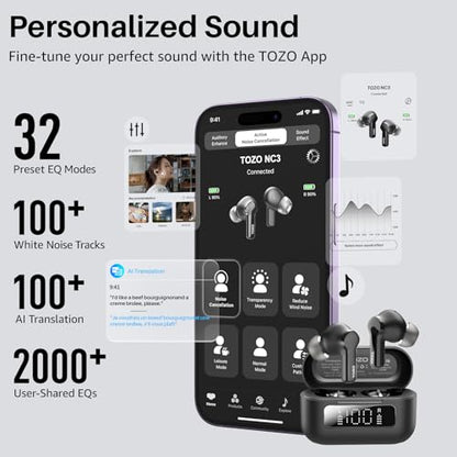 TOZO Hybrid Active Noise Cancelling Wireless Earbuds 6 Mics AI Clear Call | 68H Playtime LED Display 32 Preset EQs App Bluetooth 5.3 IPX8 Waterproof Ear Buds - color: Black