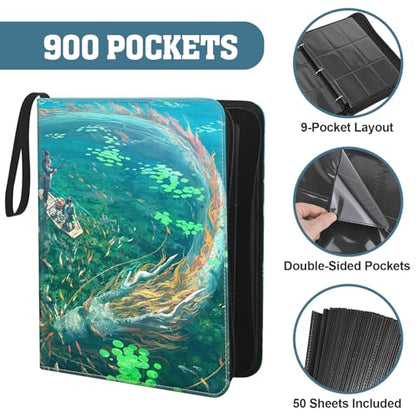 Trading Card Binder, 3-Ring Zippered for Standard 2.5"x3.5" TCG and Sports Cards, 9-Pocket Double-Sided Pages, 50 Sheets/900 Pockets, Acid-Free PVC-Free, PU Cover, Wrist Strap - Lake Art Design - color: Lake Dragon Teal