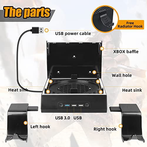 Wall Mount Cooling Fan for Xbox Series X with High Speed Low Noise Fan and 3 USB Port Xbox Series X Wall Mount Kit with Controller Holder & Headphone Hanger Touch Switch Holder Bundle