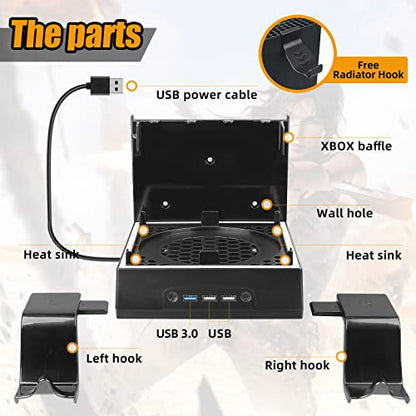 Wall Mount Cooling Fan for Xbox Series X with High Speed Low Noise Fan and 3 USB Port Xbox Series X Wall Mount Kit with Controller Holder & Headphone Hanger Touch Switch Holder Bundle
