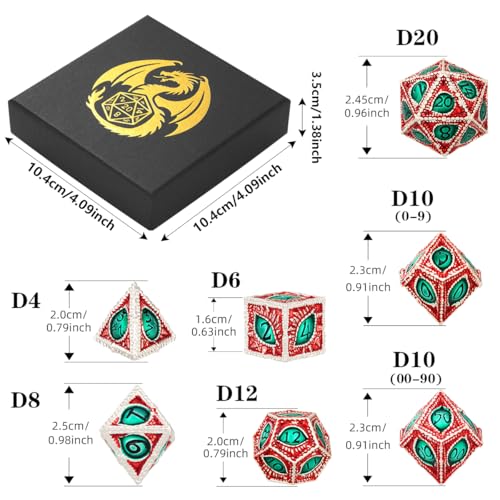 Metal Dice Set, Dragon Eye Theme, 7pcs Polyhedral Metal DND Dice Set, DND Starter Set, D&D Gifts with Gift Box, Role Playing Board Games Accessories, Silver Red Green - color: Silver Red Green With Gift Box