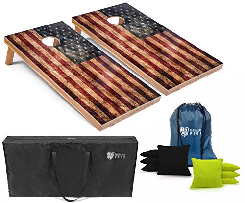 Tailgating Pros Rustic American Flag Cornhole Boards w/Bean Bags - 4'x2' Distressed Flag Cornhole Game w/Multicolored LED Ring, Carrying Case & Corn Hole Bags - color: Black / Lime Green