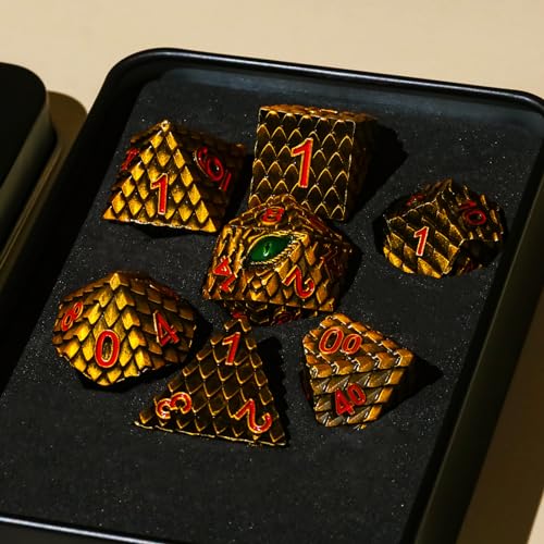 Metal Dice Set D&D,7 PCS Dragon Scale Metallic DND Dice Set,Dragon Eye Metal Dice with Gift Metal Box for Dungeons and Dragon Tabletop Game (Yellow Dragon Scale & Green Eye) - color: Yellow Dragon Scale & Green Eye
