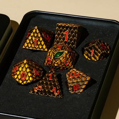 Metal Dice Set D&D,7 PCS Dragon Scale Metallic DND Dice Set,Dragon Eye Metal Dice with Gift Metal Box for Dungeons and Dragon Tabletop Game (Yellow Dragon Scale & Green Eye) - color: Yellow Dragon Scale & Green Eye