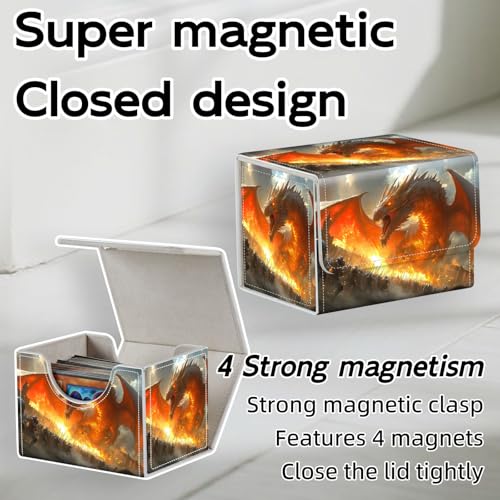 Trading Card Storage Box, Holds 100+ for MTG Cards, PU Leather with Magnetic Closure, Fire Dragon Attacking Castle Army Durable Deck Box for Magic the Gathering, Trading Card Games - color: Fire Dragon Attacking Castle Army