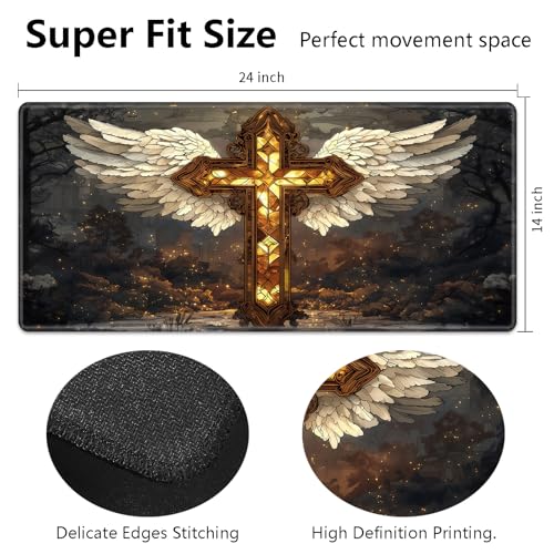 MTG Playmat 24" x 14" with High Elastic Rubber Base Non-Slip Rubber HD Fade-Resistant Printing Durable TCG Gaming for Card Games Desk Mat & Mouse Pad, Angel Winged Stained Glass Cross - color: Angel Winged Stained Glass Cross, size: 24" x 14"