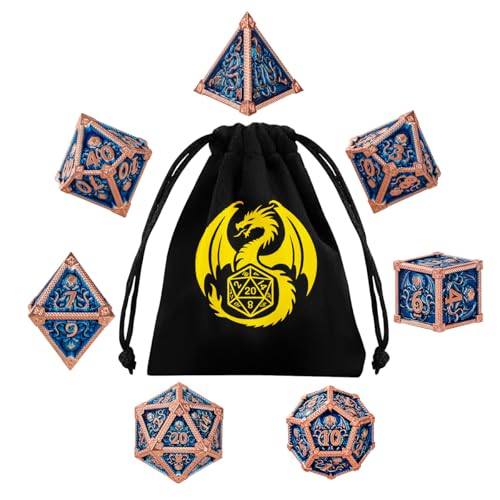 Metal Dice Set, Octopus Pattern, 7pcs Polyhedral Metal DND Dice Set, DND Starter Set, D&D Gifts with Gift Bag, Role Playing Board Games Accessories, Red Copper Border Blue - color: Blue With Gift Bag