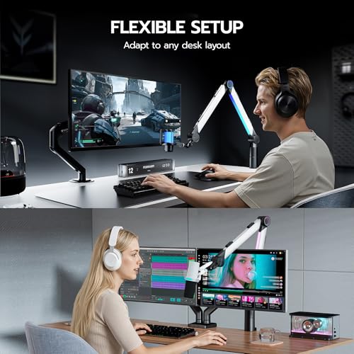 ARES WING Aluminum Microphone Boom Arm with RGB Light and Volume Control, Adjustable Mic Arm Desk Mount with 3/8” to 5/8” Screw Adapter, Suspension Scissor Mic Stand for Gaming Streaming Podcasting