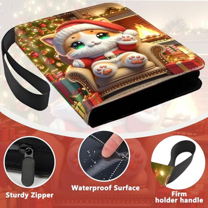 4 Pocket Trading Card Binder, Holds 400 Cards, PU Zipper Binder | PU leather cover, holds 400 cards, 50 removable pages, zipper closure, portable storage and protection. - color: Christmas cats