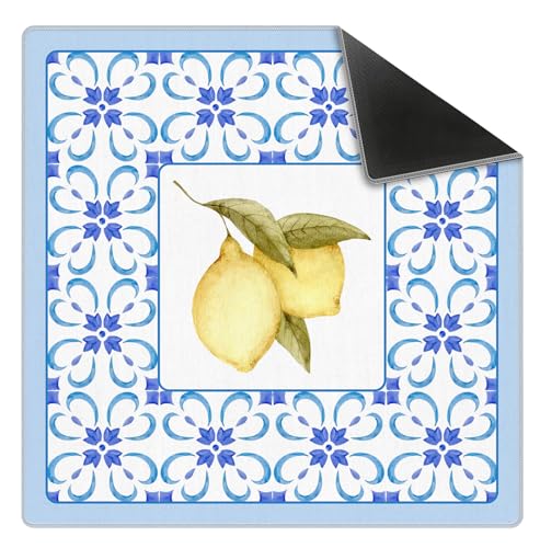 Boho Blue Summer Italian Lemon Mahjong Mat 31.5x31.5 Inch, Mediterranean Tiles Non-Slip and Noise Reduction Mah Jong Table Mat Cover Gifts for Mahjong Lovers Poker Board Games Dominoes - color: Summer Italian Lemon