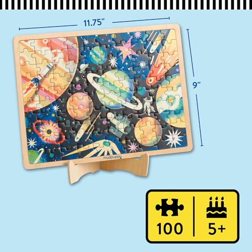 Mudpuppy Space Mission 100 Piece Wooden Puzzle for Kids, Ages 5+ | Outerspace Theme, Bright and Bold Illustrations, Sturdy Pieces, Display Stand Included, Room Décor - style: Space Mission
