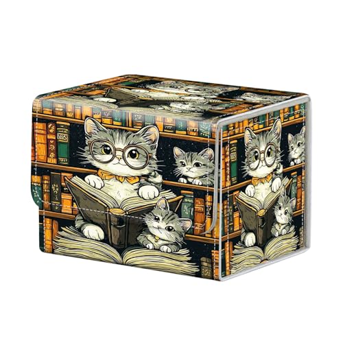 Cats Reading Books for MTG Deck Box, 100+ Double Sleeved Card Storage Case, PU Leather Commander Deck Case for TCG Magic Yugioh, Magnetic Closure - color: Cats Reading Books