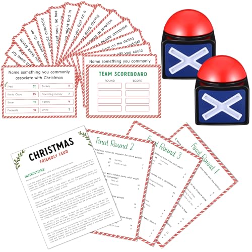 Syhood Christmas Friendly Feud Card Game with 2 Answer Buzzers, Fun Xmas Family Trivia Quiz Party Game Night Activities for Adults, Office, Large Group and Team Building - style: Christmas