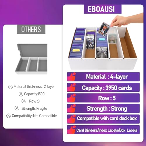 5 Row Trading Card Storage Box,3950-count Cardboard Storage Box with 32 Pcs Dividers+48 Pcs index Labels for Mtg, Tcg, Sports Cards (4 Pack-Large) - size: 4 Pack-Large