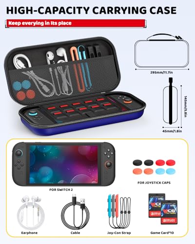 Switch 2 Slim Hard Shell Carry Case for Nintendo Switch 2 2025/Switch/OLED | Hard Shell Carrying Case with Soft Lining, 10 Card Slots, Durable Ballistic Nylon, Soft Silicone Handle, Switch2 Carry Case - color: Blue