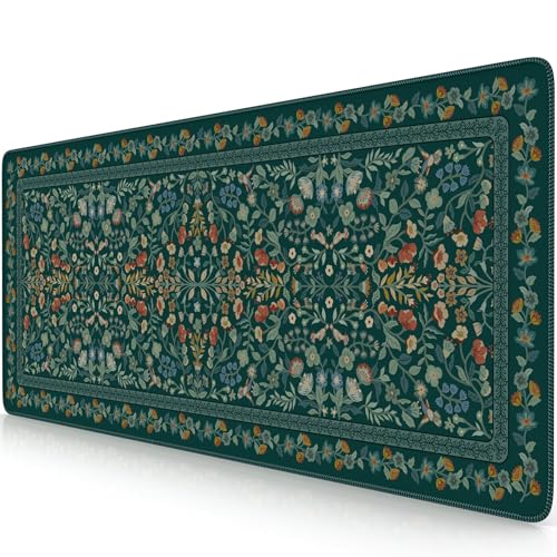 iCasso Aesthetic Floral Desk Mat, L Mouse Pads, Anti-Slip Retro Mousepad with Stitched Edges, Waterproof Computer Pad 11.8"x31.5", Desk Accessories Office Decor for Women(Deep Green) - color: Deep Green, size: 31.5L x 11.8W inches