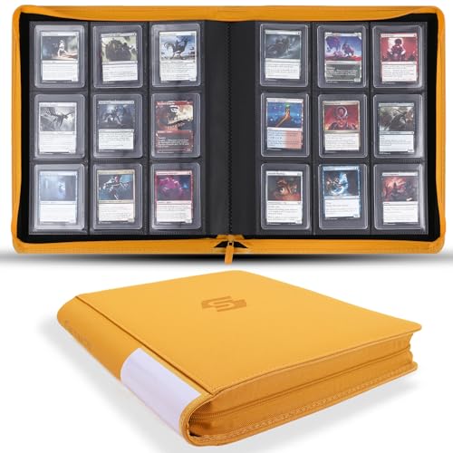 Snekdy Top loader Binder, 9 Pockets Top Loader，Holds 360 Top Loaders cards, Card binder with Sleeves for card in 3 x 4 inches color smooth Zipper PU Leather (Yellow) - color: Yellow
