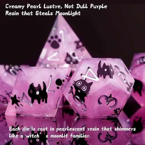 Haxtec Cat DND Dice Set Purple Sharp Edge Resin Dice Set with Dice Case, Handmade D and D Dice Polyhedral D&D Dice Set for TTRPGs Compatible with Dungeons and Dragons DND Gifts - color: Purple Black