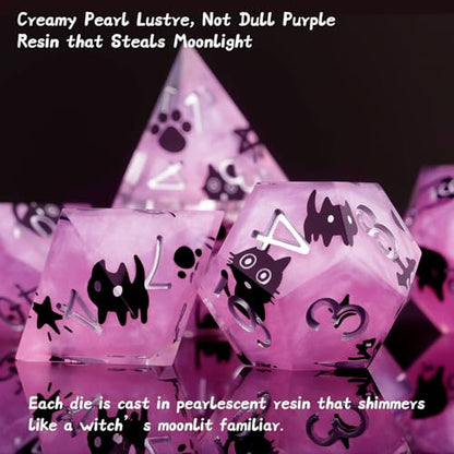 Haxtec Cat DND Dice Set Purple Sharp Edge Resin Dice Set with Dice Case, Handmade D and D Dice Polyhedral D&D Dice Set for TTRPGs Compatible with Dungeons and Dragons DND Gifts - color: Purple Black