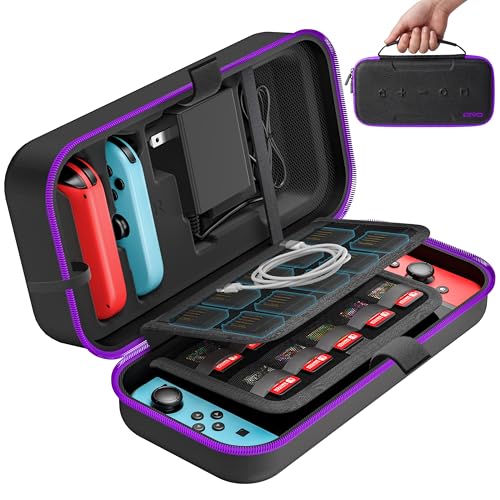 OIVO Switch 1 Carrying Case Compatible with Nintendo & OLED, Portable Switch Travel Carry Case Fit for Joy-Con and Adapter, Hard Shell Protective OLED Pouch Bag with 20 Games, Purple - color: Purple, size: 2017 inches