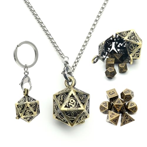 Haxtec Mini Metal DND Dice Set, D20 Hollow Cage Pendant Necklace & Keying | Portable 6mm Micro 7PCS D&D Dice, Cool Charm DND Accessories, For RPG Travel, Unique Gifts for Dungeons and Dragons Players - color: Bronze