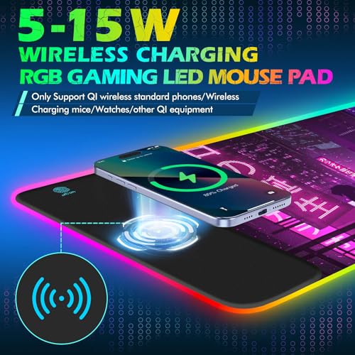 RGB Gaming Wireless Charging Mouse Pad Mat, 15W 10 Light Modes LED Mousepad | ToLuLu Computer Keyboard Mouse Pad, 800x300x4MM Extended Large Desk Mat for Gaming, MacBook, Laptop, PC, Neon Purple Sign - color: Neon Purple Sign