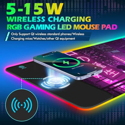 RGB Gaming Wireless Charging Mouse Pad Mat, 15W 10 Light Modes LED Mousepad | ToLuLu Computer Keyboard Mouse Pad, 800x300x4MM Extended Large Desk Mat for Gaming, MacBook, Laptop, PC, Neon Purple Sign - color: Neon Purple Sign