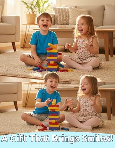 Rainbow Tumbling Tower Wooden Stacking Blocks – Natural Wood Game for Family Fun, Montessori-Inspired Educational Toy, Classic Stacking Challenge, Hand-Eye Coordination Game, Interactive Strategy Play - style: Tumbling Tower