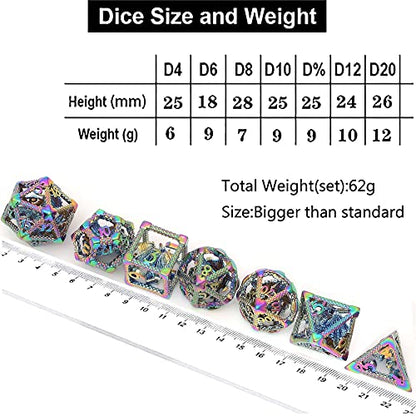 Hollow DND Dice Set, Metal Dice Premium 7-Die Polyhedral Dice Set for Dungeons Dragons D&D, RPGs, MTG, and Board Games (3D Dragon Rainbow White Number) - color: 3d Dragon Rainbow White Number